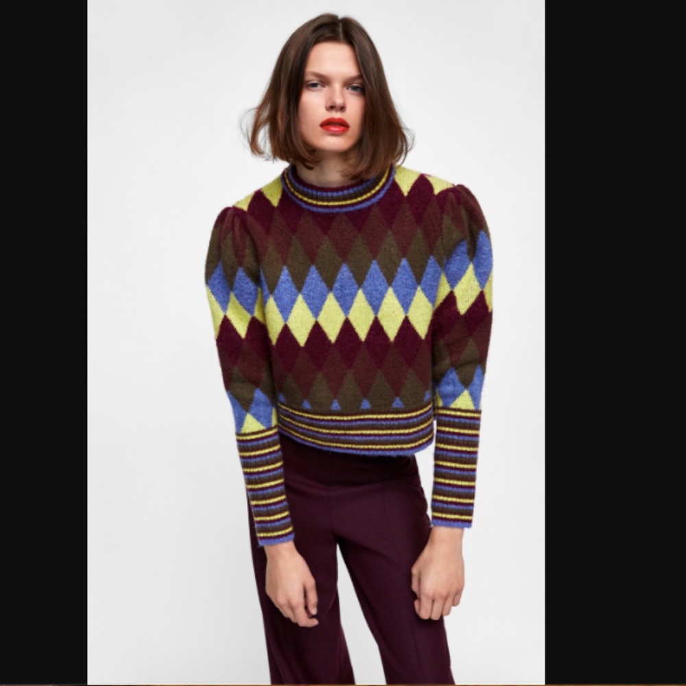 Zara Argyle Diamond Print Knit Sweater Long Slv - Picture 4 of 8